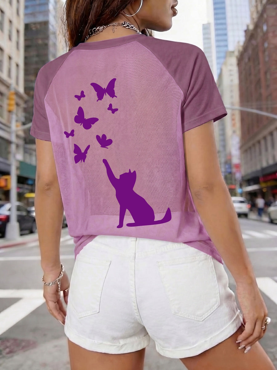 Women's Sexy Backless Careful Machine, Printed with Cat Butterfly Plush Print Pattern, Semi Transparent Round Neck T-shirt, Breathable Mesh Fabric, Suitable for All Seasons, Suitable for Casual and Formal Wear - Purple