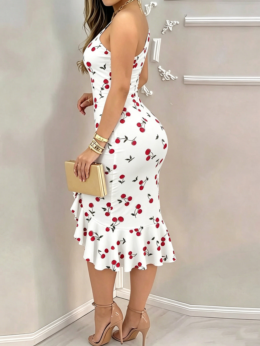 Women's Elegant Slim-Fit Asymmetrical Hem Ruffled Collar Dress - Summer Cherry Blossom Print, Suitable for Daily Dates - Mixed colors