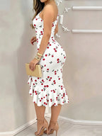 Women's Elegant Slim-Fit Asymmetrical Hem Ruffled Collar Dress - Summer Cherry Blossom Print, Suitable for Daily Dates - Mixed colors