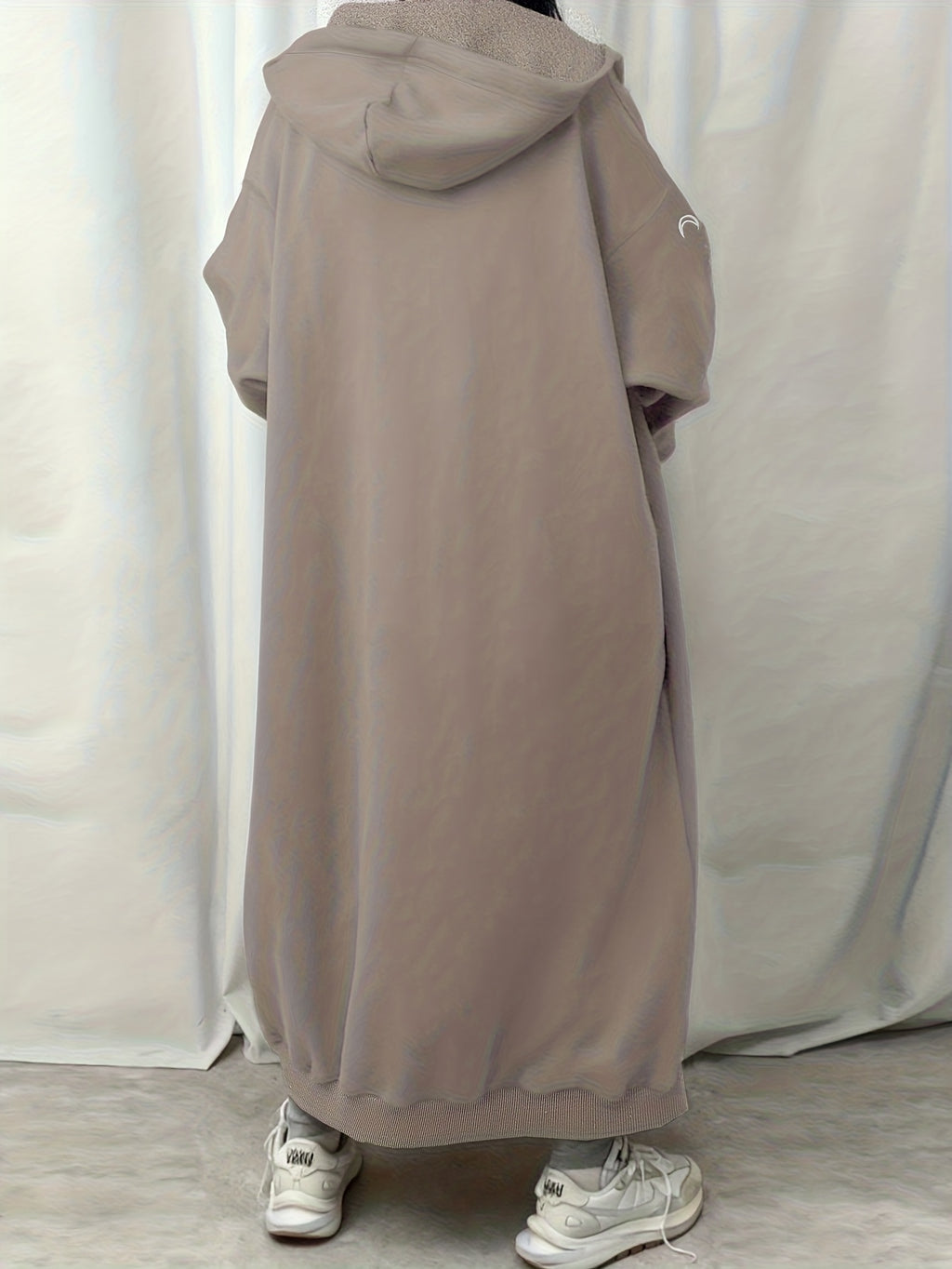 Ladies' Elegant Outfit Long Cardigan Hooded Solid Color Sweatshirt Jacket, Loose Casual Style Can Be Used As a Dress, Fleece Lining 2A11048 - Pale Pinkish Gray