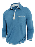 Men'S Retro Trendy Fashion Lapel Long Sleeve Polo Shirt, Casual Stylish Pocket Top T-Shirt - Light Blue