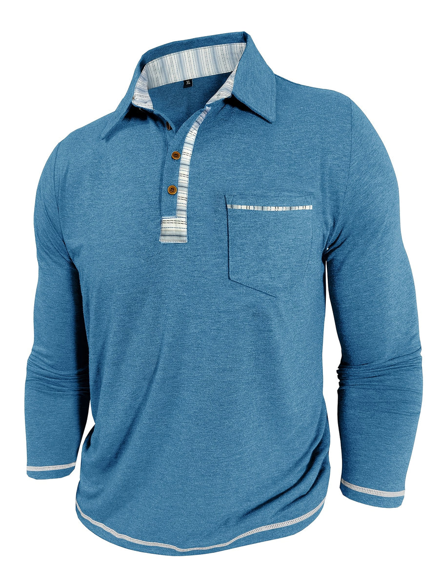 Men'S Retro Trendy Fashion Lapel Long Sleeve Polo Shirt, Casual Stylish Pocket Top T-Shirt - Light Blue
