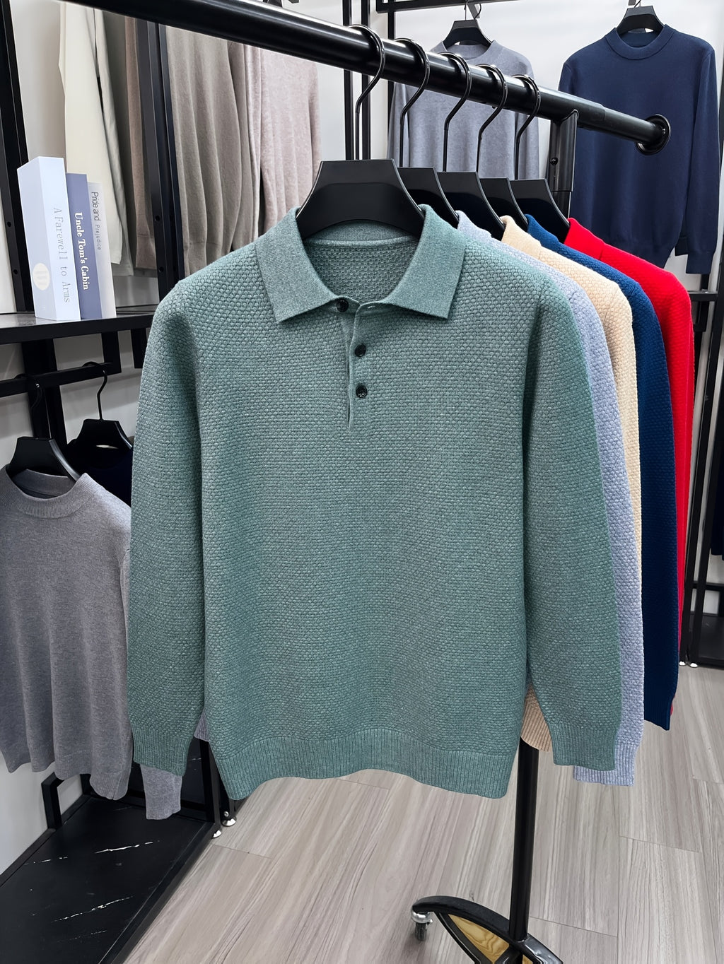 Autumn Men'S Long Sleeve T-Shirt Long Sleeve Pineapple Needle Lapel Business Casual Solid Color POLO Shirt - Bean Green