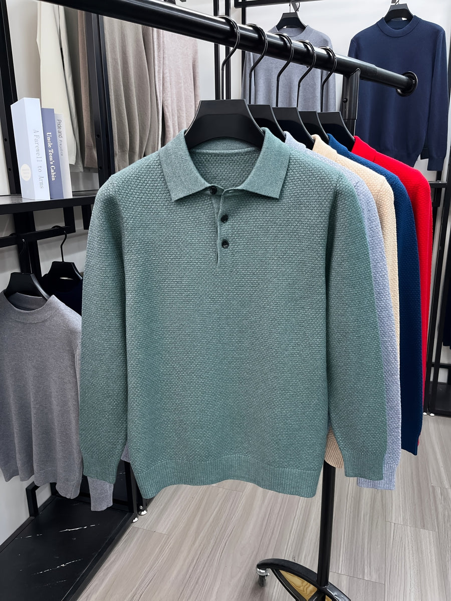 Autumn Men'S Long Sleeve T-Shirt Long Sleeve Pineapple Needle Lapel Business Casual Solid Color POLO Shirt - Bean Green