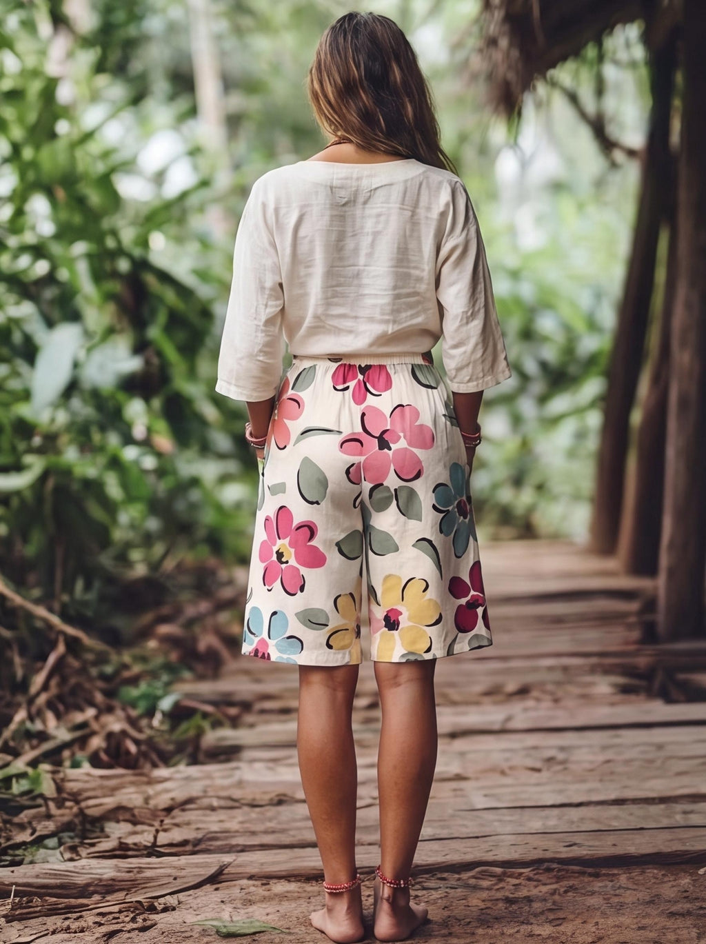 Women's Casual Shorts, Bohemian Floral Print Wide-Leg Knee-Length Pants, Summer Faux Elastic Waist Loose Fit Vacation Casual Capris - Mixed colors