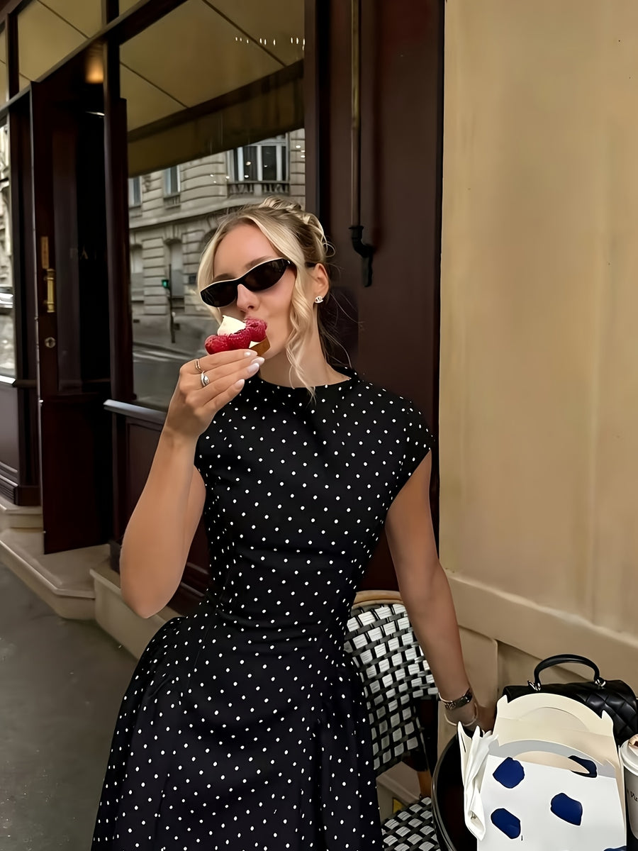 New Women's Polka Dot Maxi Dress, Waist-Cinching Style, Elegant French-Style Dress - Black