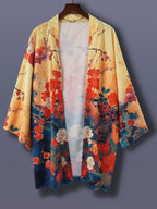 Japanese And Wind Weave Easy Style Vintage Easy Cherry Blossom Print Spring Summer Kimono Loose Cardigan Men Women Couple Style Thin Coat Air Conditioner Shirt Yukata Street Casual Travel Vacation Beach Top Blouse Cape Small Jacket Japanese Cover-Up - Orange