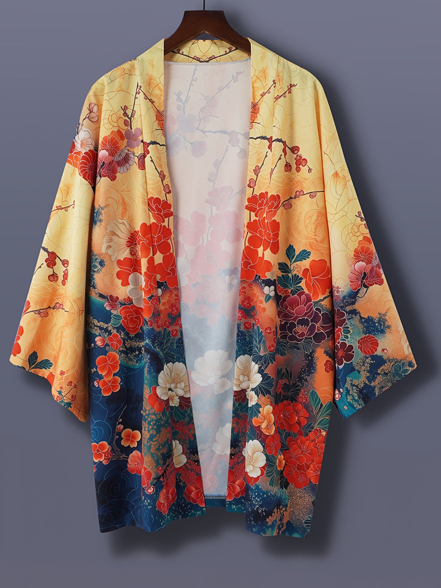 Japanese And Wind Weave Easy Style Vintage Easy Cherry Blossom Print Spring Summer Kimono Loose Cardigan Men Women Couple Style Thin Coat Air Conditioner Shirt Yukata Street Casual Travel Vacation Beach Top Blouse Cape Small Jacket Japanese Cover-Up - Orange