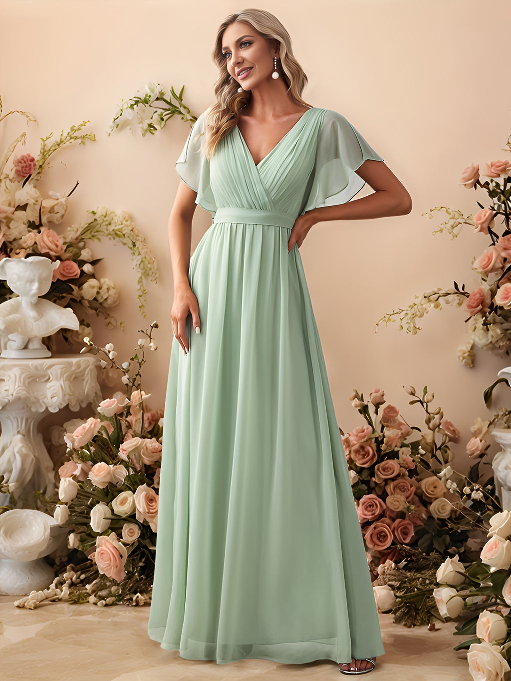 Women'S Elegant Sage Green Eternal Beauty Chiffon Bandeau Wedding Dress Gown, Slit And Ruched Butterfly Sleeves, Back Tie-Up - Light Green
