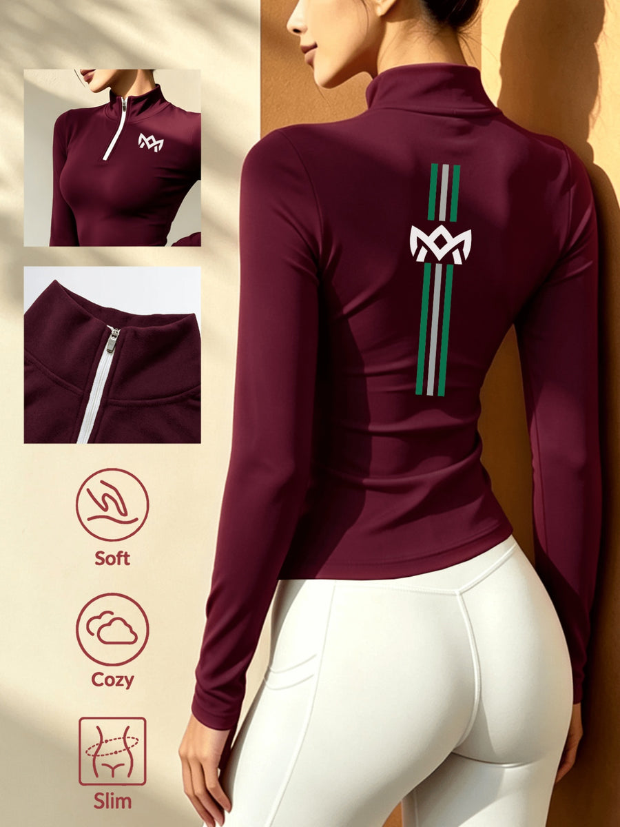 Stand-up Collar Half-zip Long-sleeve T-shirt, Autumn/winter Warm Half-high Neck Base Layer Top - Burgundy