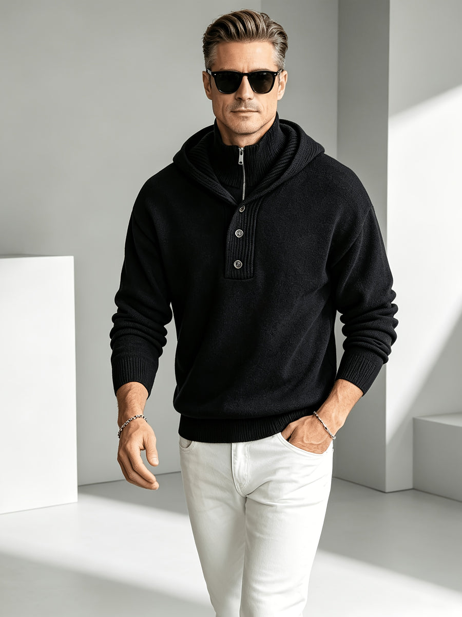 2026 New Fashionable Business Mature Casual Men'S Hooded Long Sleeve Knit Sweater, Slim Soft Warm Solid Color Knit Pullover Top, Fall Winter Suitable for Daily Office And Weekend Casual Outfits - Black