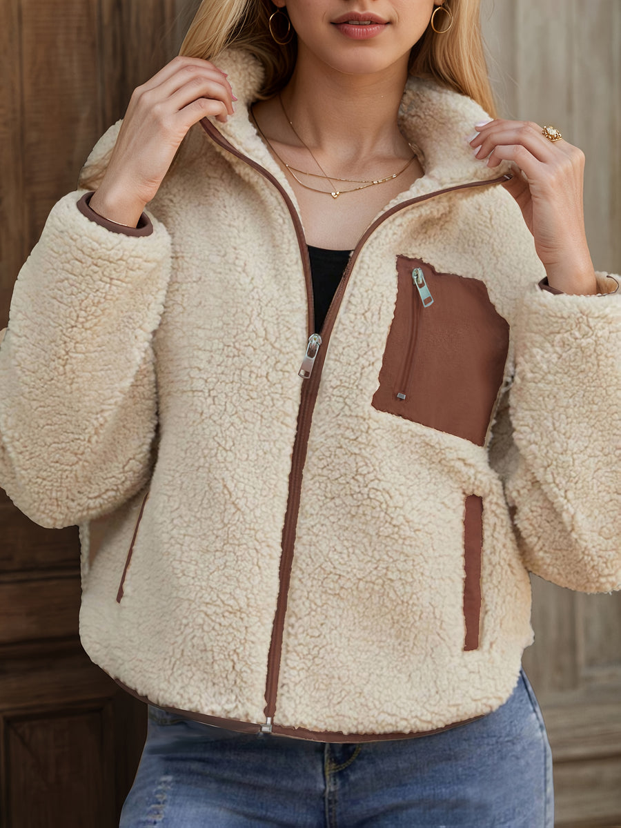 Applique Contrast Trim Zipper Cardigan Casual Plush Jacket - Off-white