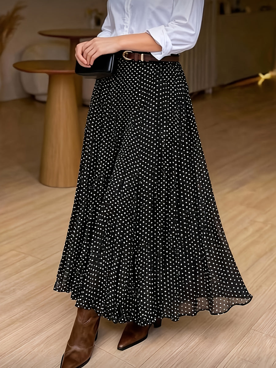 Women's Elegant Polka Dot Pleated A-Line Skirt, New Spring/Summer Style with Elastic Stretch Waist, Simple and Fashionable Women's Skirt, No Belt - Black