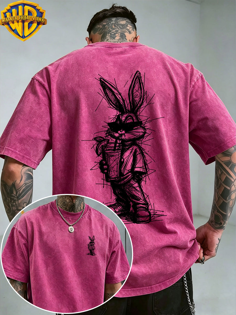 Warner Authorized WB Sunglasses Cool Rabbit Bags Beverage Quick Print Men'S Short Sleeve T-Shirt, Summer Comfortable Outdoor Top, Fashionable And Easy, Suitable for Daily Wearing, As a Friend Gathering Outfit - Rose Red