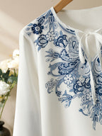Women'S Floral Print Long Sleeve Button-Up Shirt with Tie Neck - Casual, All-Season, White with Blue Floral, Perfect for Vacation or Everyday Wear, Casual Wear|Floral|Long Sleeve Shirt - White