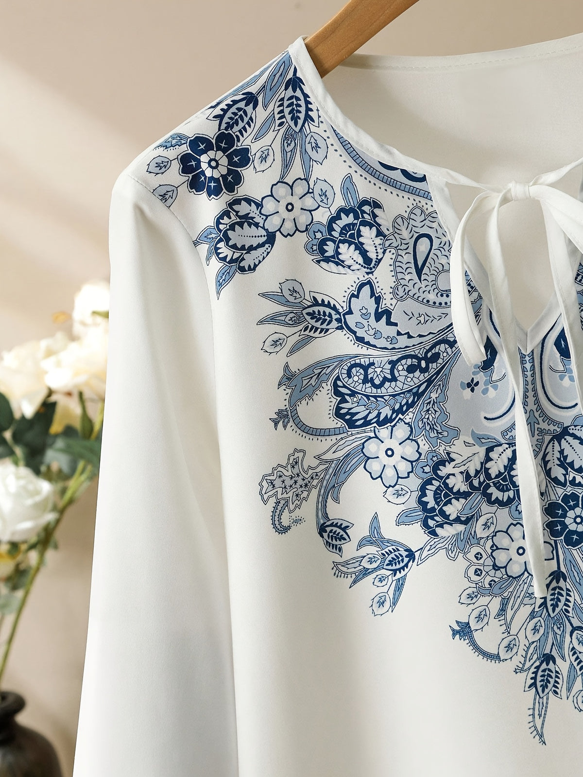 Women'S Floral Print Long Sleeve Button-Up Shirt with Tie Neck - Casual, All-Season, White with Blue Floral, Perfect for Vacation or Everyday Wear, Casual Wear|Floral|Long Sleeve Shirt - White