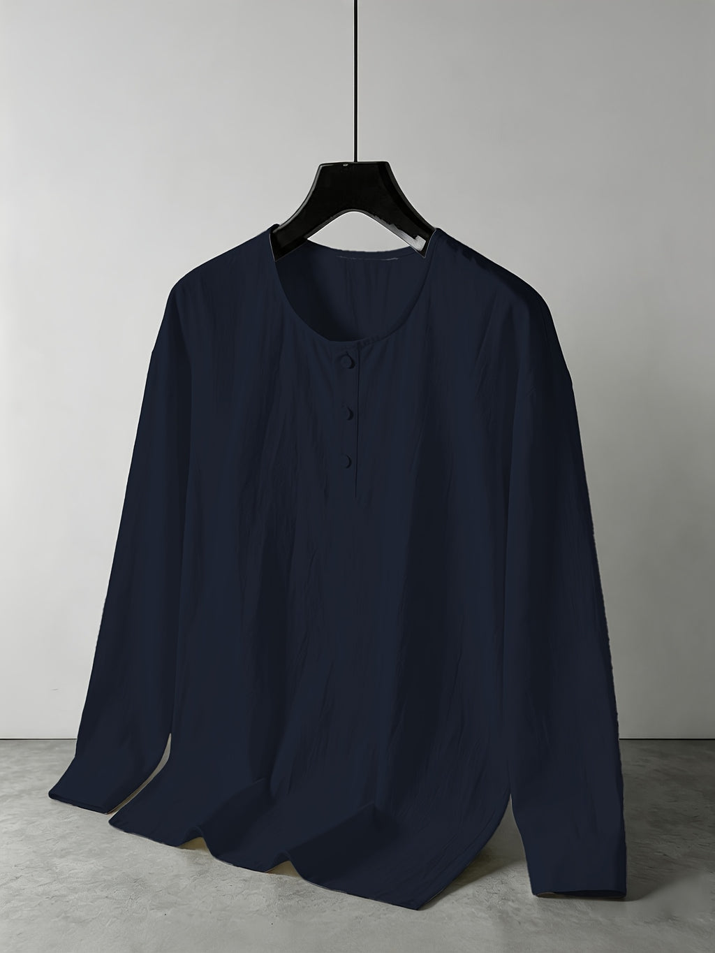 Summer Breathable Linen Henley Collar Long Sleeve Pullover Sweater, Men'S Casual Round Neck Loose Roll-Up Sleeve Outerwear Top - Navy Color