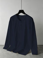 Summer Breathable Linen Henley Collar Long Sleeve Pullover Sweater, Men'S Casual Round Neck Loose Roll-Up Sleeve Outerwear Top - Navy Color