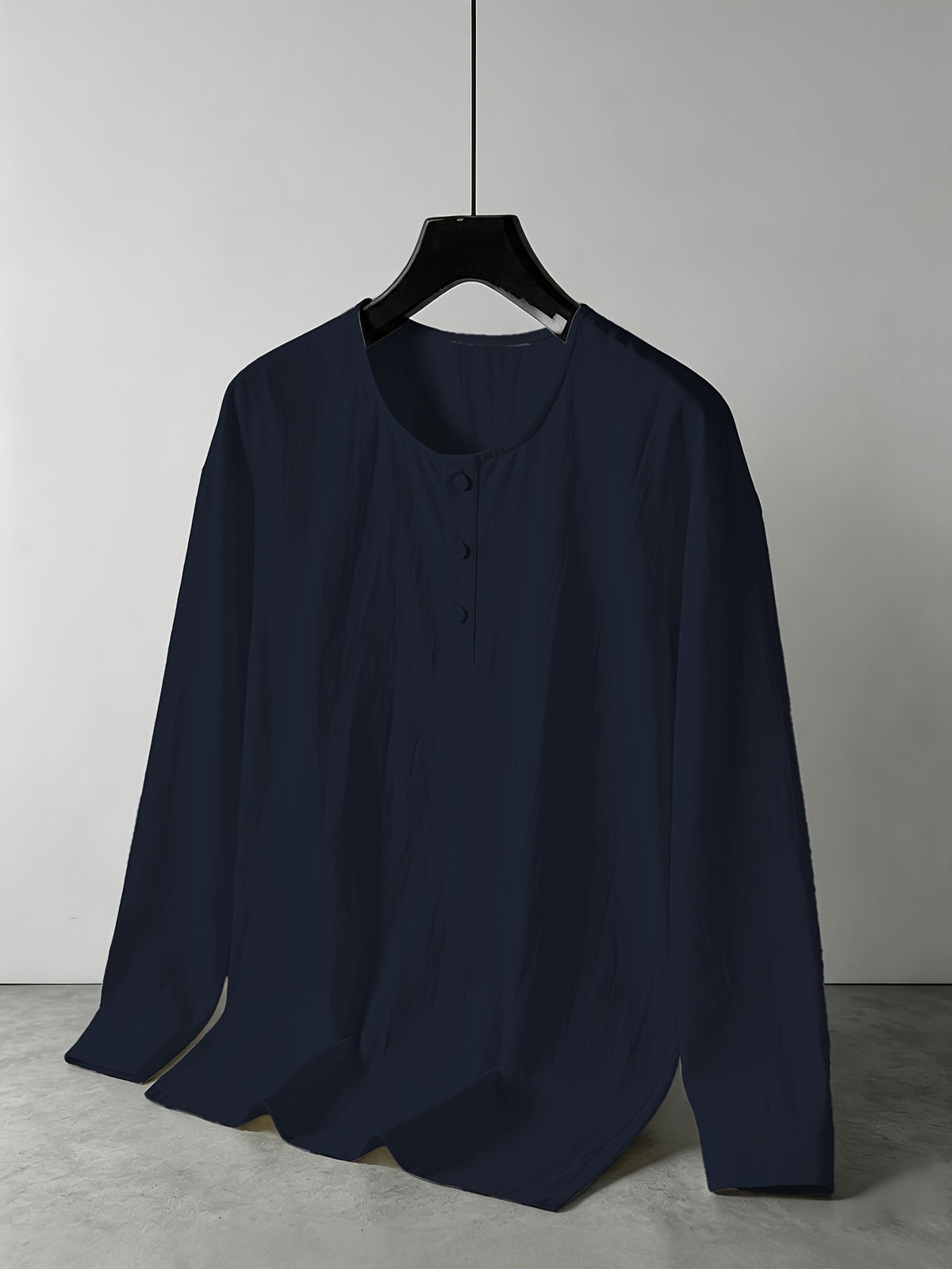 Summer Breathable Linen Henley Collar Long Sleeve Pullover Sweater, Men'S Casual Round Neck Loose Roll-Up Sleeve Outerwear Top - Navy Color