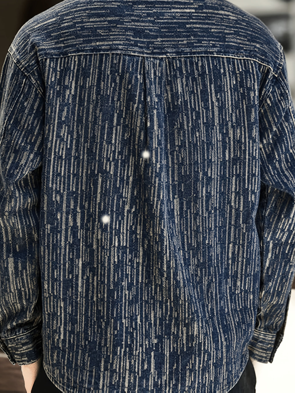 New American-Style Casual Vintage Streetwear Brand Loose Vertical Stripe Long-Sleeve Men's Denim Top - Dark Blue