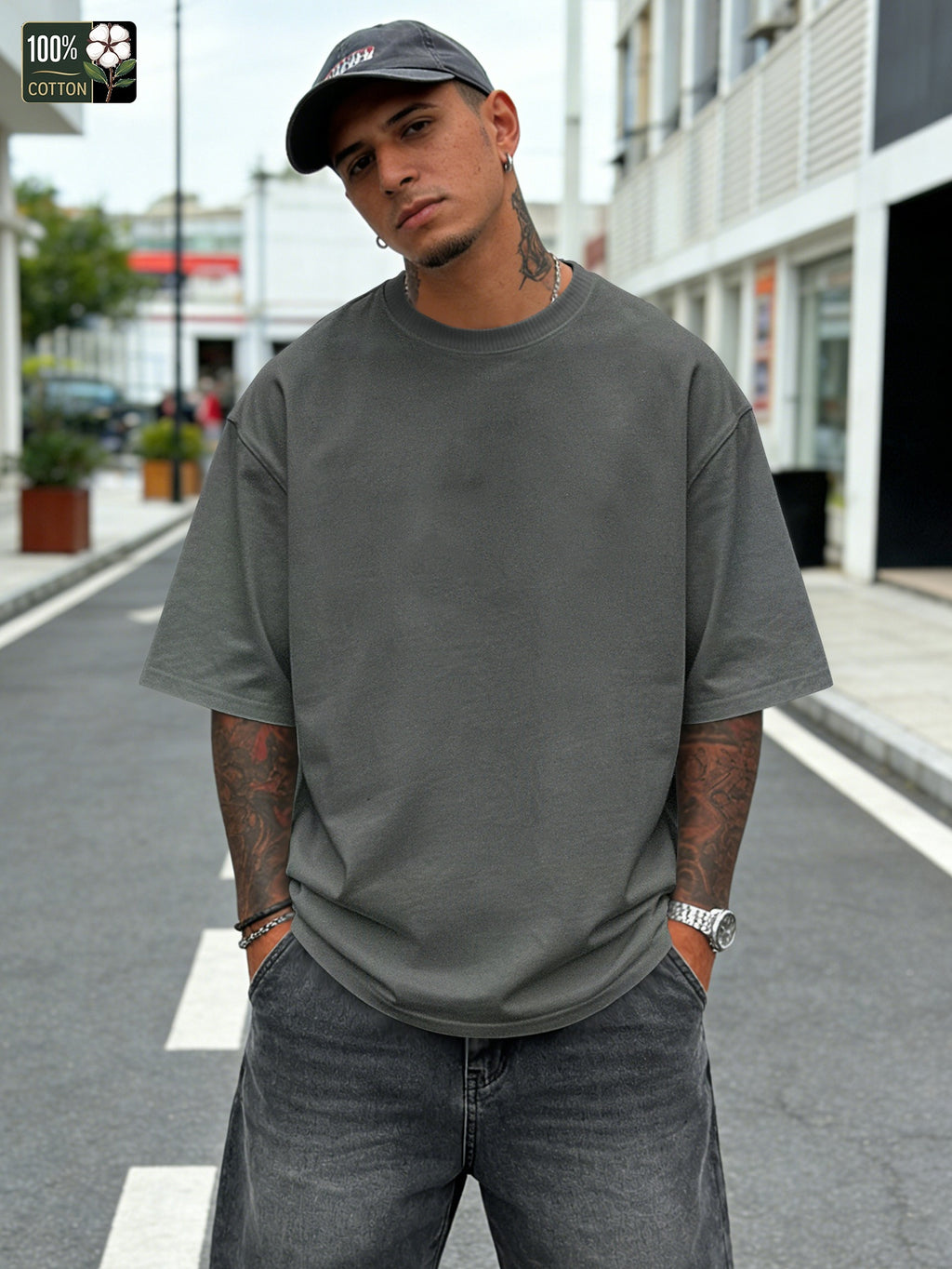 Bla Bla Print Men'S Pure Oversized T-Shirt, Casual Comfortable Versatile Short Sleeve Tee - Dark Gray