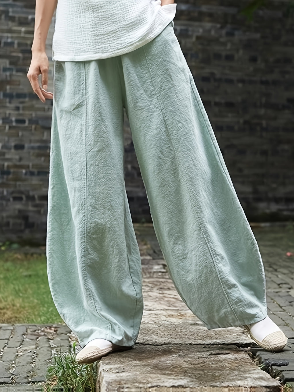 Plus Size Oversized Pocket Design Loose Straight-Leg Pants, Solid Color Minimalist Fashion Style, Suitable for Summer And Spring Wear - Powder blue