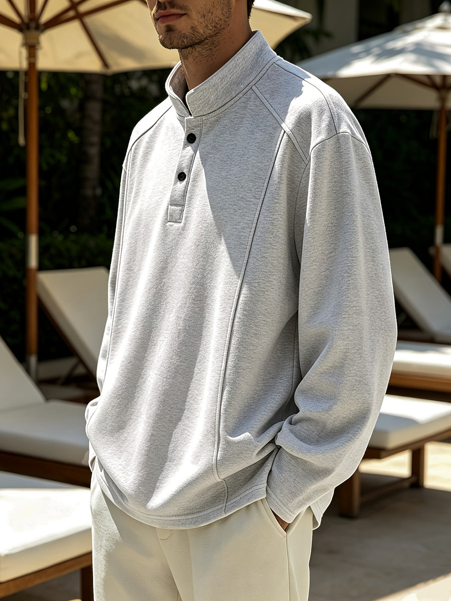 Spring/Autumn Henry Neck Long Sleeve T-Shirt, Loose Fit with Half-Open Placket Design, Versatile Commuter Base Layer, an Excellent Choice for Daily Work and Casual Vacations - White and Grey