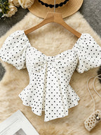 Women's Elegant Polka Dot Print Blouse, Brunch Style, White and Black Polka Dots, Summer Wear - Mixed colors