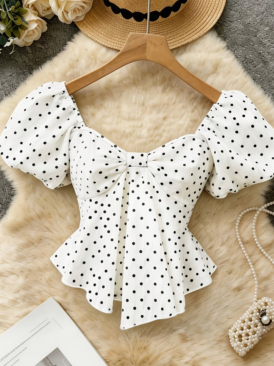 Women's Elegant Polka Dot Print Blouse, Brunch Style, White and Black Polka Dots, Summer Wear - Mixed colors