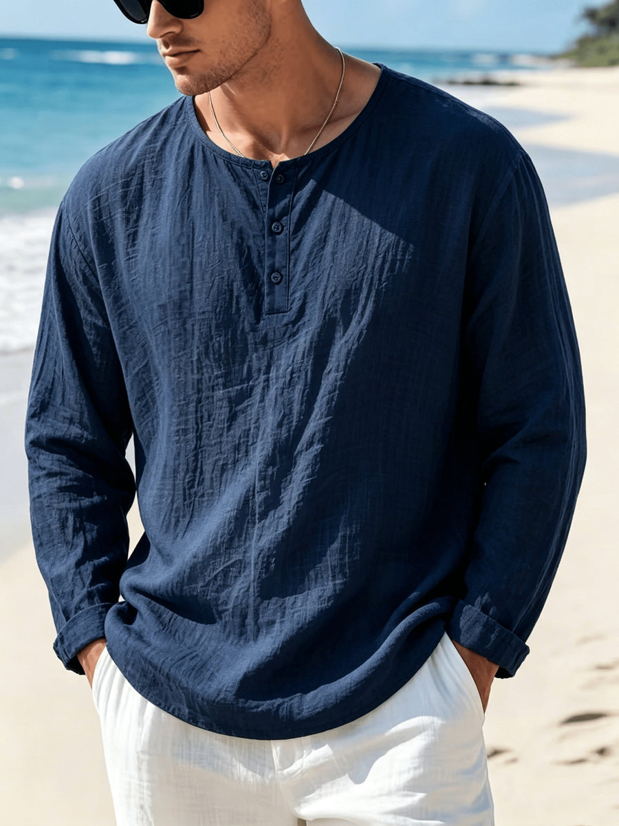 Summer Breathable Linen Henley Collar Long Sleeve Pullover Sweater, Men'S Casual Round Neck Loose Roll-Up Sleeve Outerwear Top - Navy Color
