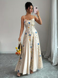 Elegant Floral Print Maxi Dress | French Romantic Spaghetti Strap, Flared Hem, Sleeveless, Backless Detail, Ideal for Spring/Summer - Multicolor