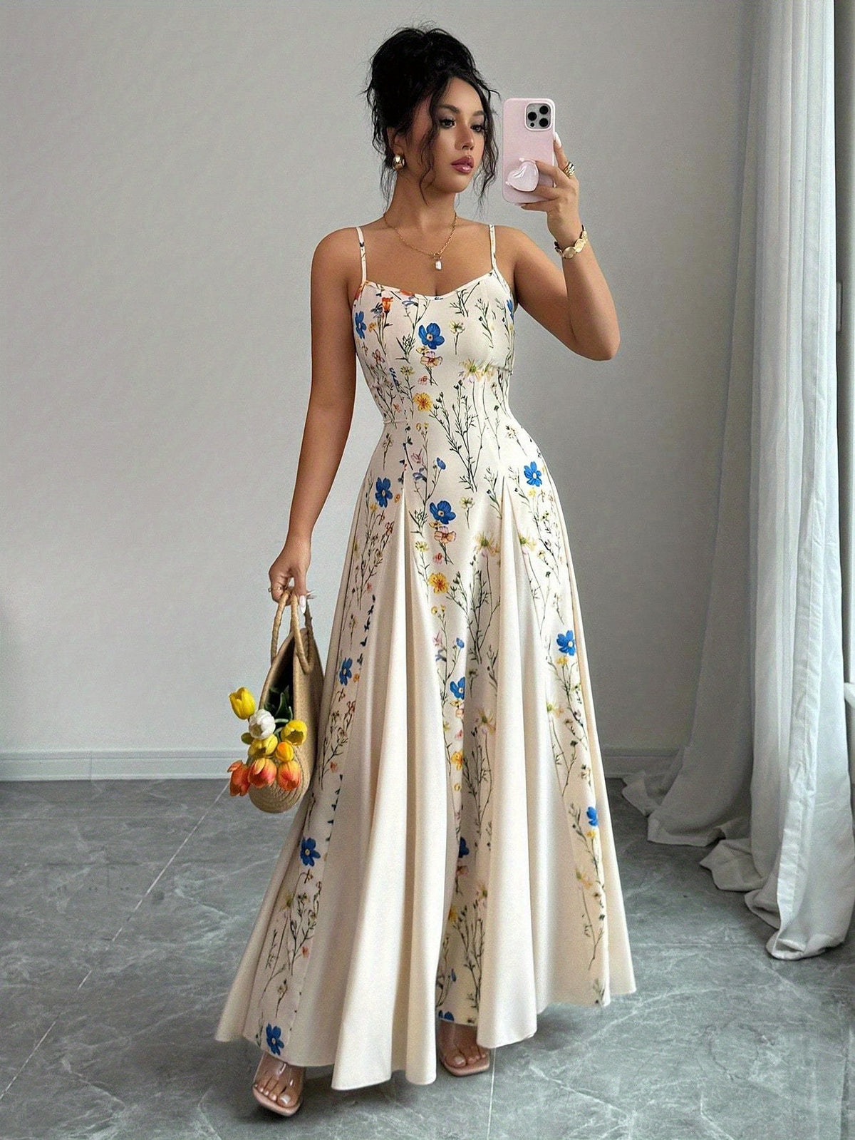 Elegant Floral Print Maxi Dress | French Romantic Spaghetti Strap, Flared Hem, Sleeveless, Backless Detail, Ideal for Spring/Summer - Multicolor