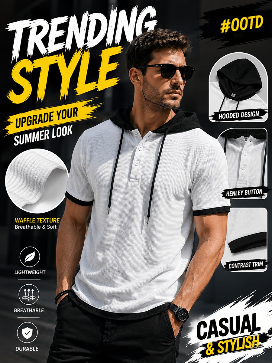 [Qiaoximei Obm] Summer Men'S High-Quality Waffle-Gore Hooded Short Sleeve T-Shirt - Individual Fashion Statement with Special Design Texture Fabric, Adjustable Drawstring And Buttons, Suitable for Gym Fitness Wear - White
