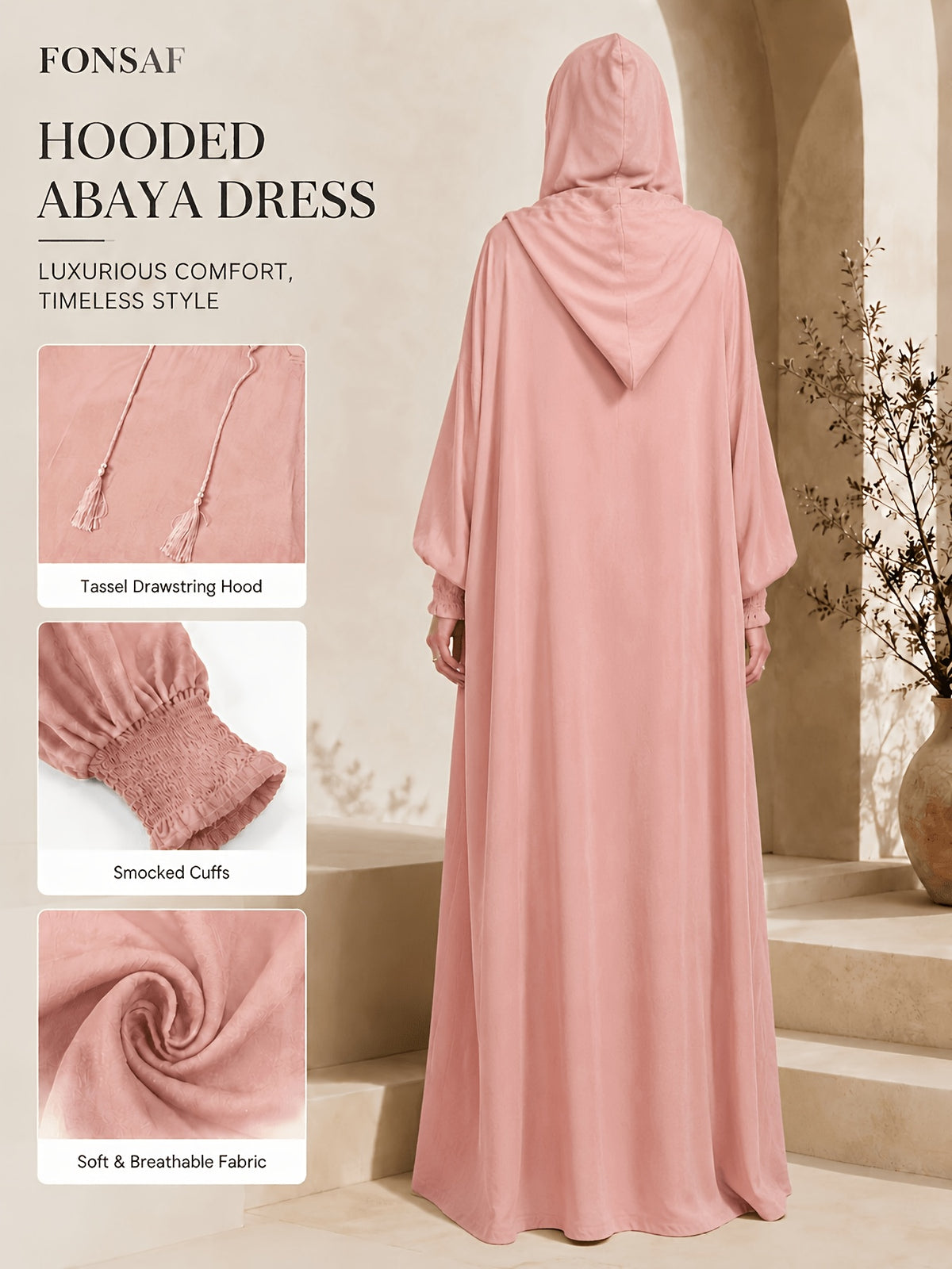 FONSAF - Women'S Hooded Robe - Long Dress in Muslim Style with Adjustable Drawstring Hood; Loose And Comfortable Fit; Ideal for Ramadan Or Eid - Peach