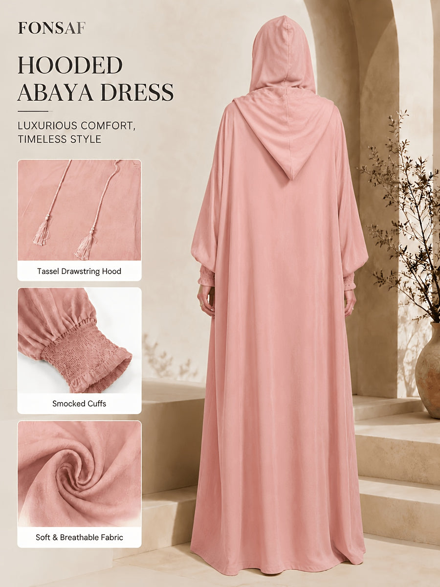 FONSAF - Women'S Hooded Robe - Long Dress in Muslim Style with Adjustable Drawstring Hood; Loose And Comfortable Fit; Ideal for Ramadan Or Eid - Peach