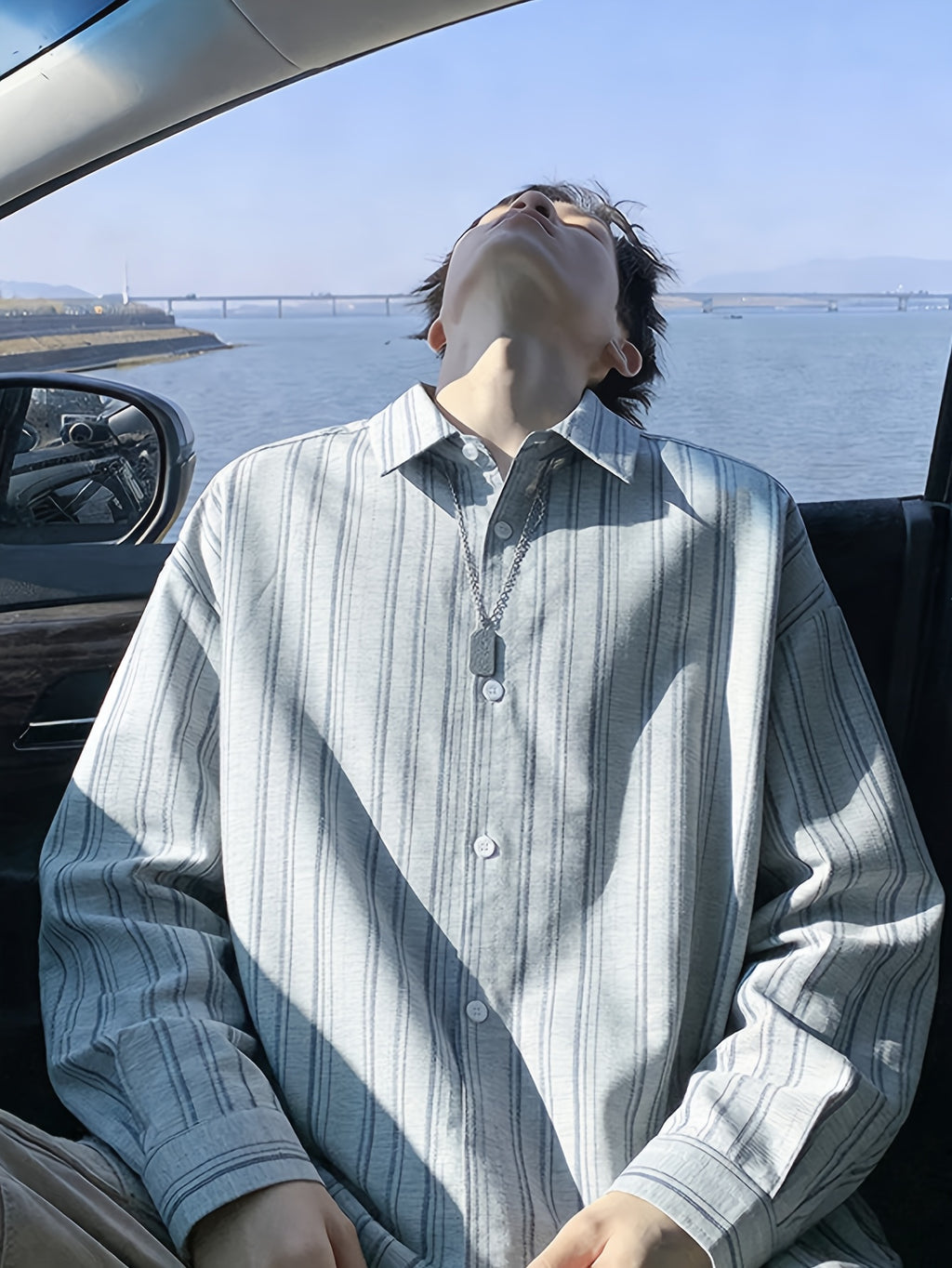 [Know And Give OBM] Men'S Japanese Distressed Black Gray Pinstripe Lapel Long Sleeve Shirt, Retro Texture Drop Shoulder Loose Casual Shirt, Spring/Autumn Commute Outdoor Daily Wear - Heather Grey