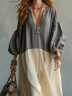 Plus Size - Autumn Winter Hot New Color-Block Artistic Casual Fashion Vacation Maxi Dress, Elegant Long Sleeve Dress - Dark Gray