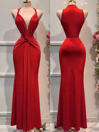 Women's Elegant Solid Color Satin Deep V-Neck Dress with Twist Knot Waist & Pleated - Cinching Wedding Bridesmaid Dress Suitable for Parties, Banquets, Prom, Special Occasions - Machine Washable Formal Attire - Burgundy