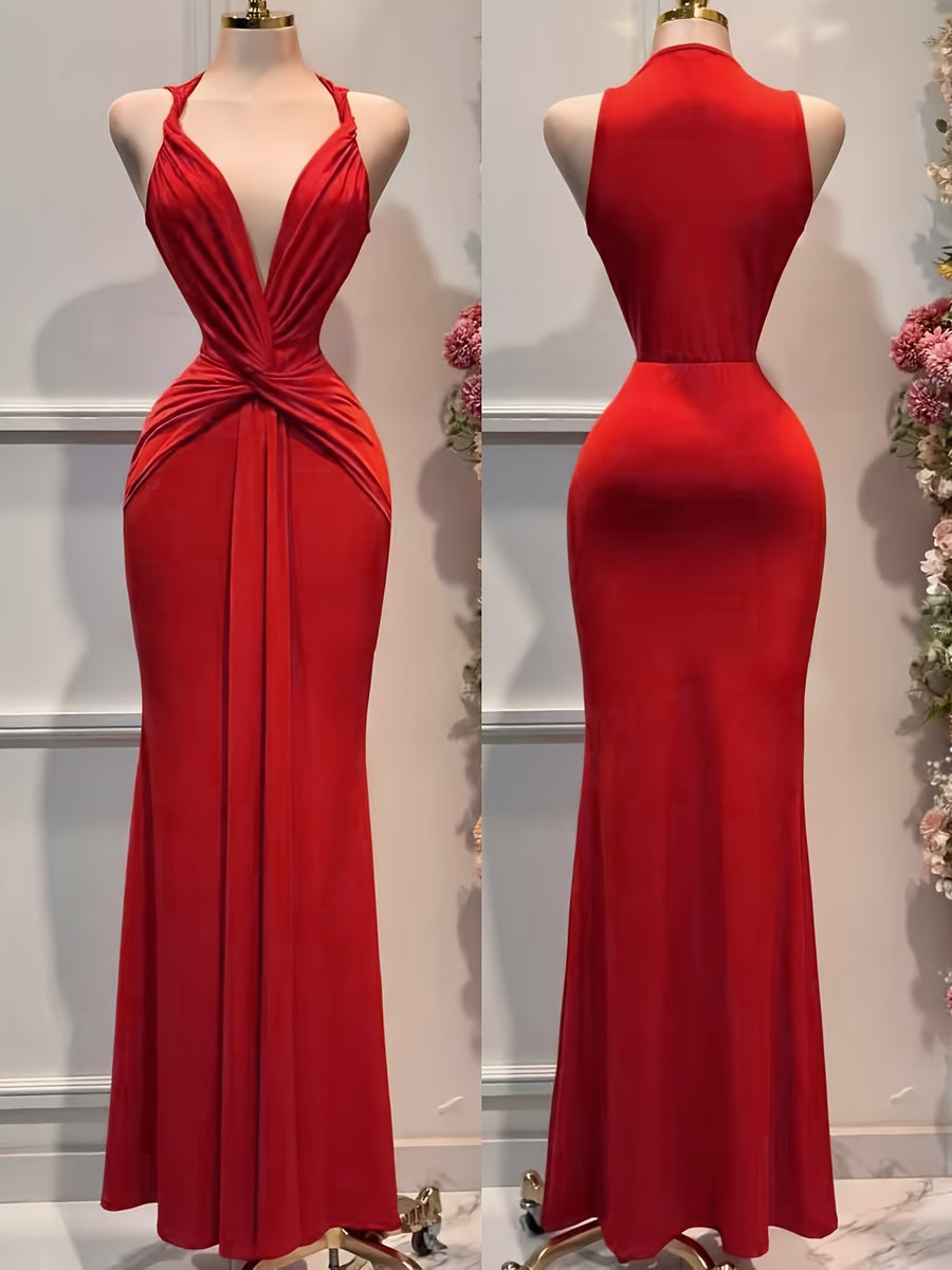 Women's Elegant Solid Color Satin Deep V-Neck Dress with Twist Knot Waist & Pleated - Cinching Wedding Bridesmaid Dress Suitable for Parties, Banquets, Prom, Special Occasions - Machine Washable Formal Attire - Burgundy