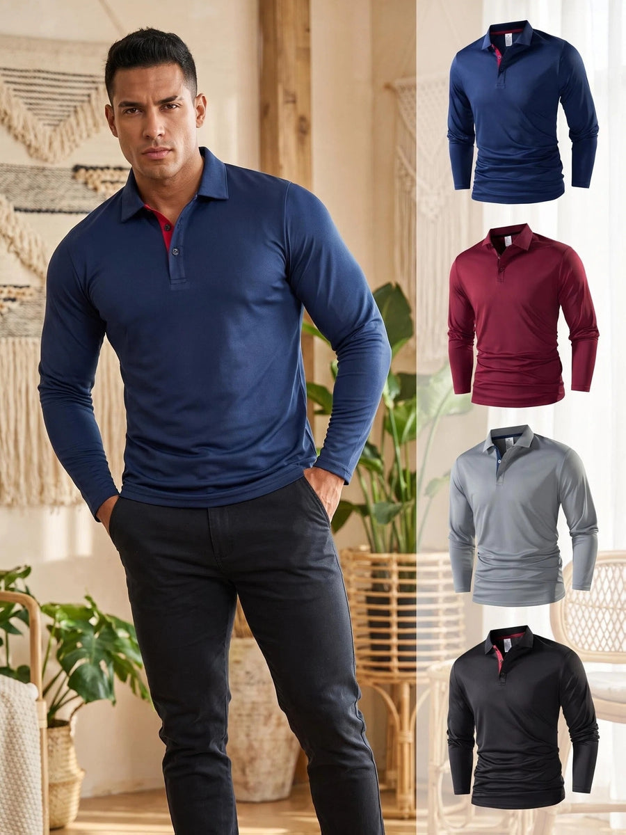 4pcs Set of New Men'S Thin Long-Sleeve Polo Shirts, 100% Fiber Fabric, Multi-Color Available, Classic Color-Block Design, Versatile And Fashionable, Men'S Golf Shirt, Polo Shirt, Polo Collar, T-Shirt, Sportswear, Knit - Black + Cyan + Gray + Red