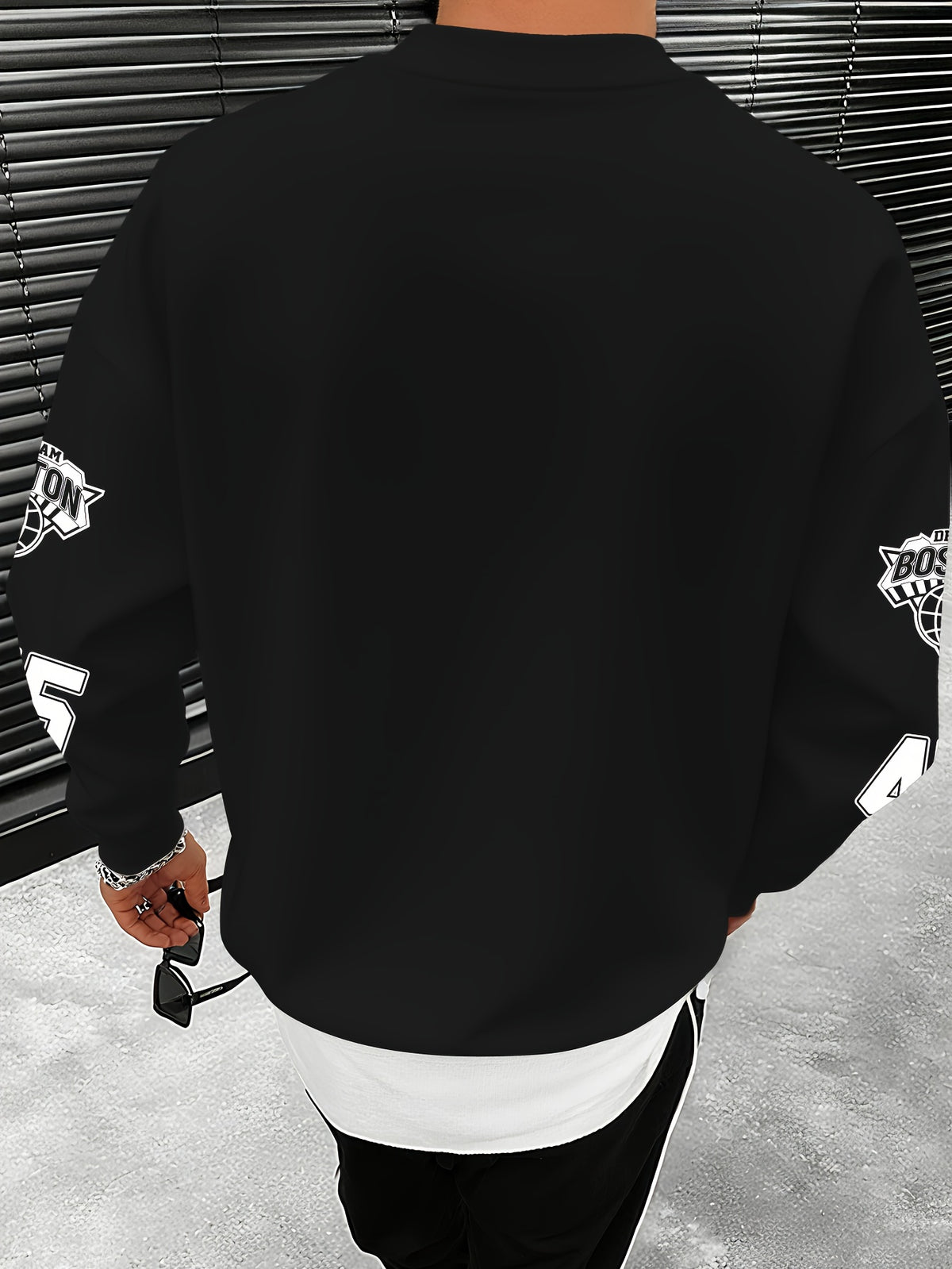 Men'S Fashion Casual "Brooklyn Victory" Letter Print Sweatshirt, Polyester Fabric, Loose Fit, Versatile Men'S Sweatshirt - Space Black
