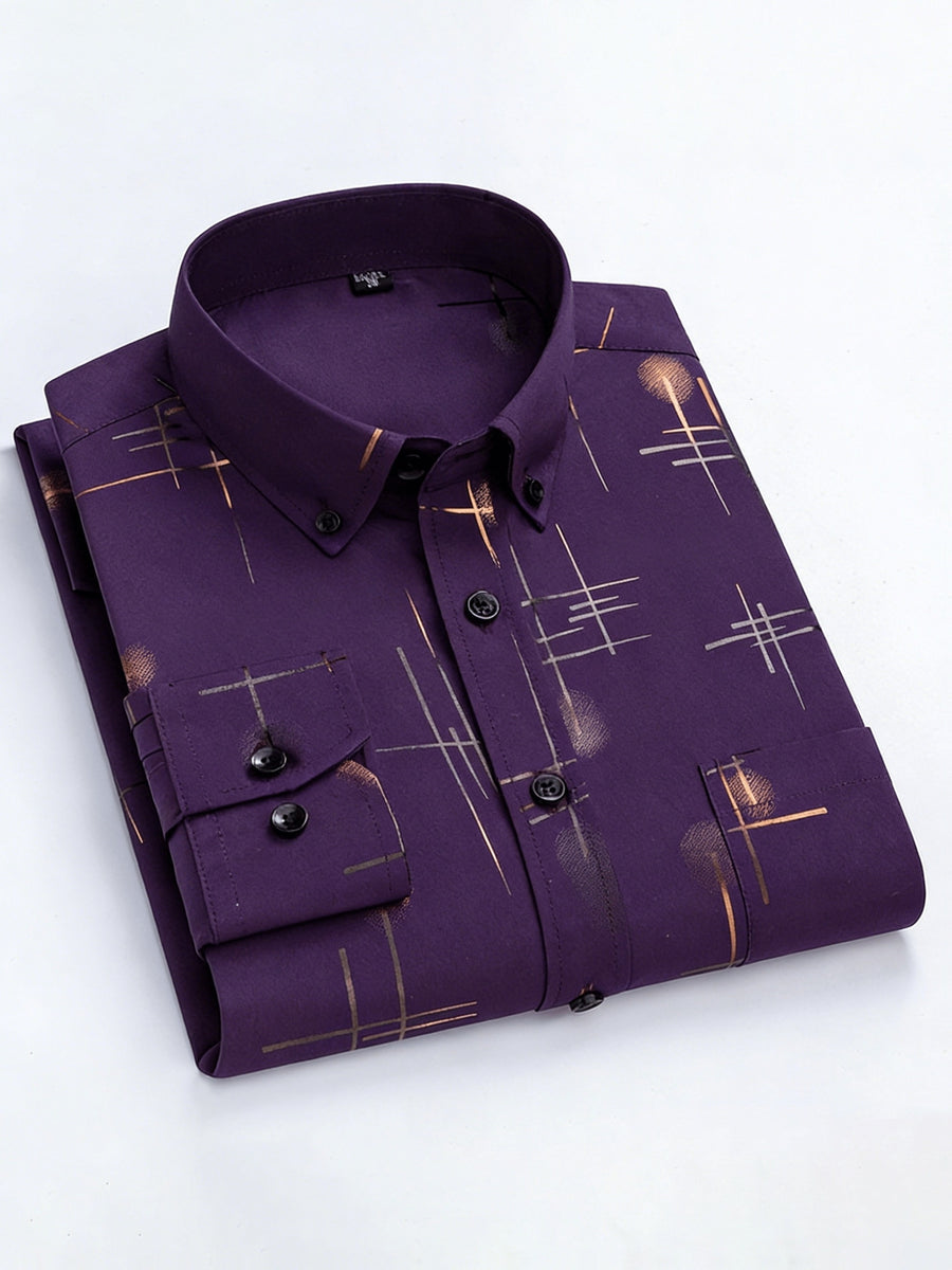 Men'S Long-Sleeve Shirt with Bronzing Print, Business Casual Wrinkle-Resistant Shirt, Light Luxury Versatile Top for Middle-Aged And Young Men - Purple