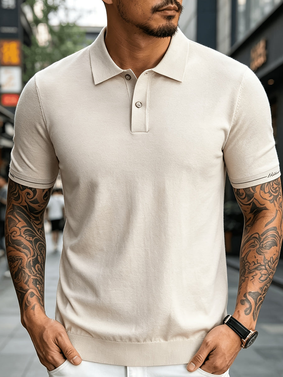 Men's Knitted Short-Sleeve Polo Shirt - Urban Street Scene Exterior Shot, Slim Fit, Lapel Collar, Two-Button, Business Casual Commuter Thin Top, Solid Color Knit Top with Embroidered Cuff Design - Yami Apricot