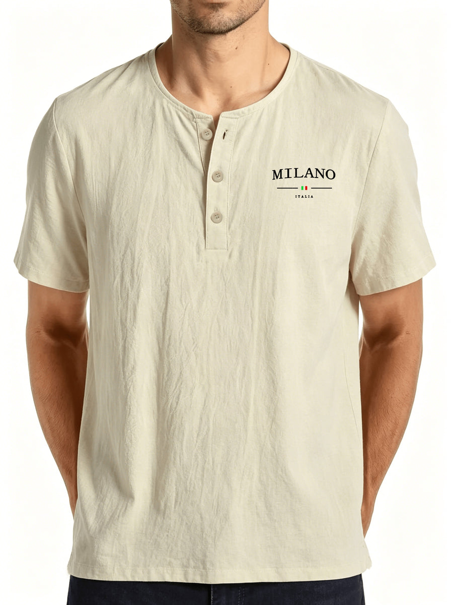 European-style Minimalist Printed Henley Collar Short-Sleeve Men's T-Shirt, Lightweight with Pleated Texture, Loose Fit for Beach Vacation Casual Wear - Khaki