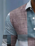 Men's Long-sleeve Shirt with Geometric Plaid Patchwork Print, Featuring a Mature Business-casual Style, Suitable for Workplace Commuting, Casual Gatherings, and Light Business Attire Occasions - Dark Cyan