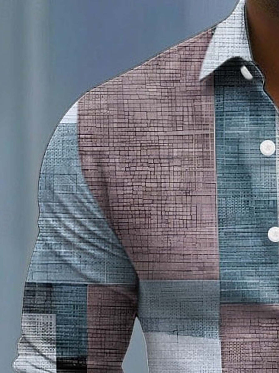 Men's Long-sleeve Shirt with Geometric Plaid Patchwork Print, Featuring a Mature Business-casual Style, Suitable for Workplace Commuting, Casual Gatherings, and Light Business Attire Occasions - Dark Cyan