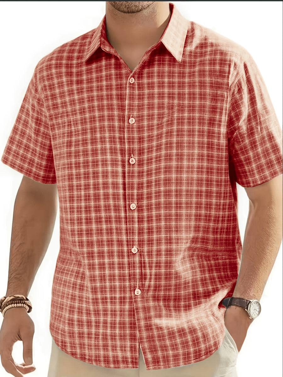 Men's Short-sleeved Shirt, Casual Plaid Short-sleeved Shirt, Suitable for Leisure Going Out, Light Business - created-ruby red