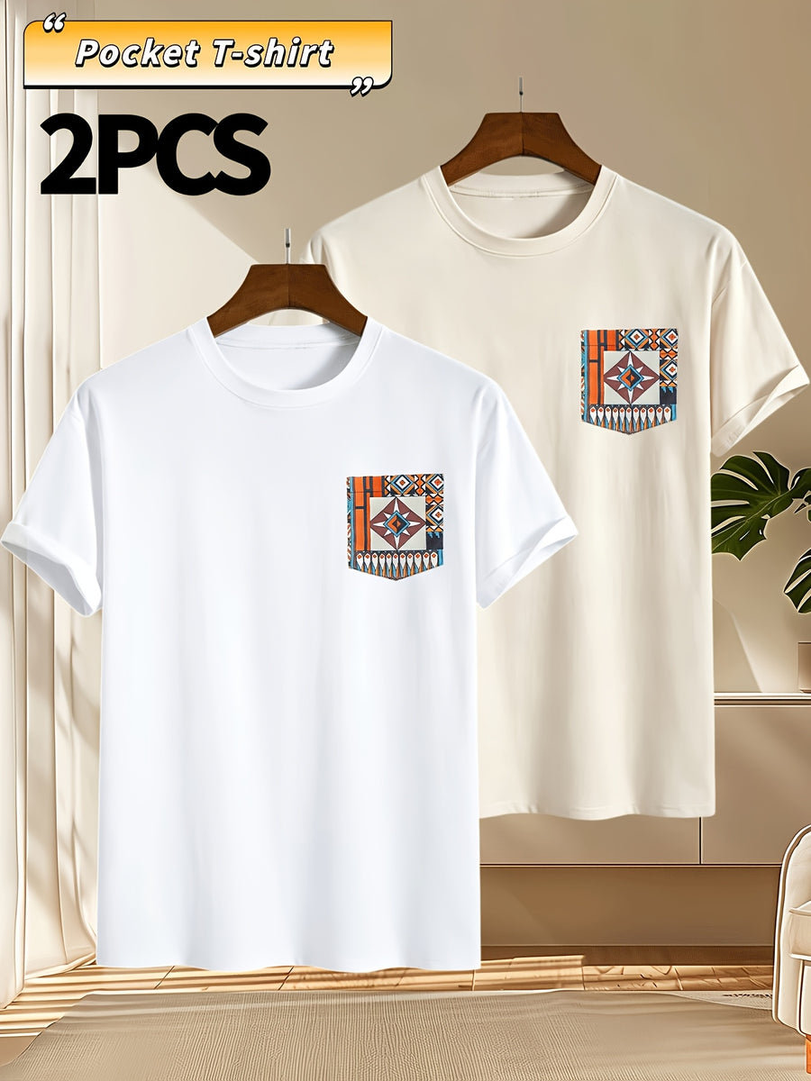 2pcs Men's Round Neck Pocket Short-Sleeve T-Shirt, Suitable for Summer Outdoor Casual Wear, Versatile Casual Knit Top, Men's Casual Pocket Design Sport T-Shirt - White + Apricot