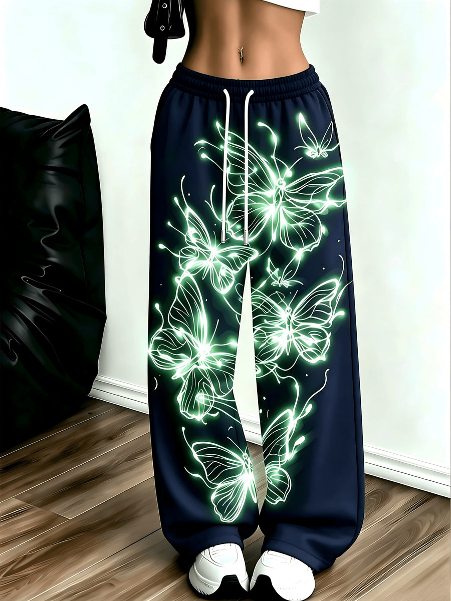 Women's Neon Butterfly Glow-in-the-dark Pattern Jogging Pants with Pockets, Elastic Waistband, and Straight-leg Design - Dark Navy Blue
