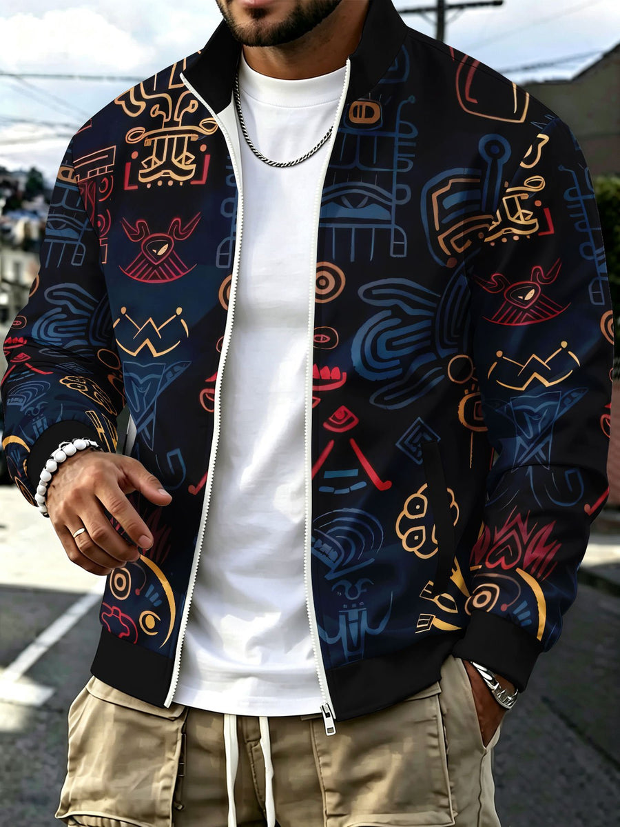 Men'S Novelty Fashion Sports Jacket, Black Golden Indigenous Face Print, Stand-Up Collar Zipper Autumn Winter Style Casual Outing Leisure Commute Versatile Trendy Open Front Coat - Mixed colors